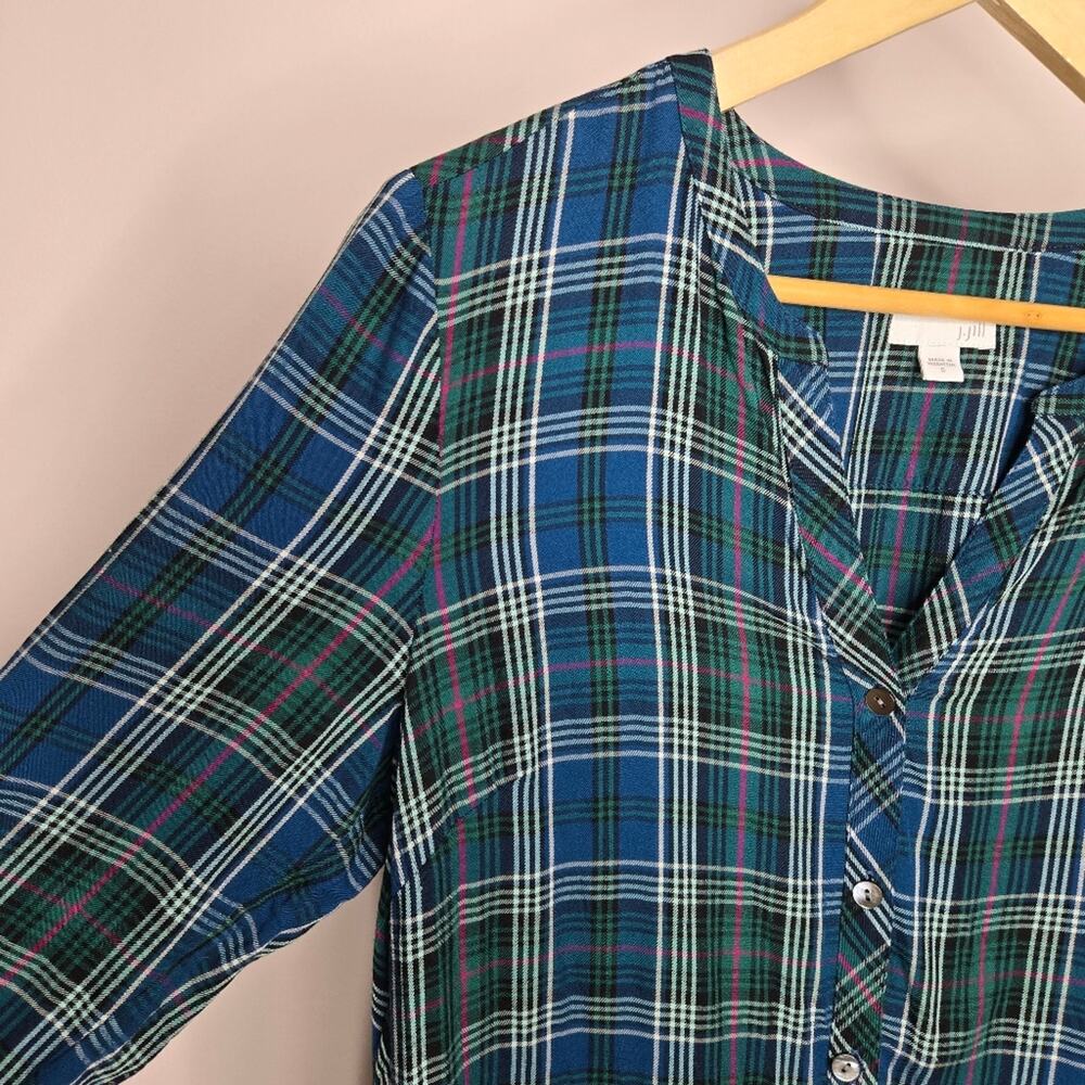 J. JILL Vneck Plaid Button Front Long Sleeve Blouse Size S - Picture 3 of 8